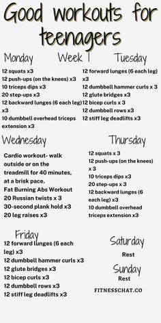 a workout schedule with the words good workouts for teenagers