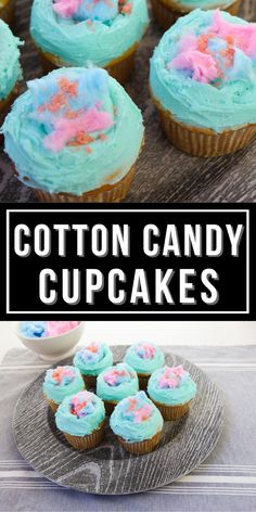 cotton candy cupcakes with blue frosting and pink sprinkles