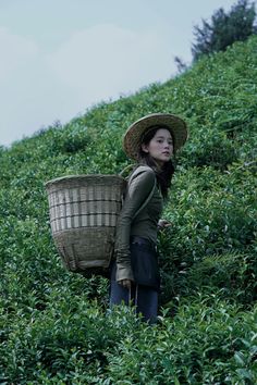 a woman in a straw hat carrying a basket on top of a lush green hillside