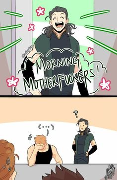 two comics with one showing the same person and another saying, morning motherfuer