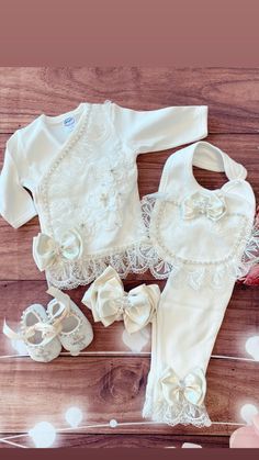 Comes with everything in the photo Elegant White Sets As A Gift, White Fitted Set As Gift, Elegant Cream First Communion Sets, Elegant Cream Sets For First Communion, Light Pink Hair Accessories, Full Body Workout Plan, Baby Heirloom, Pink Hair Accessories, Light Pink Hair