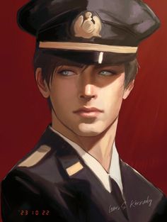 a painting of a man in uniform with blue eyes and brown hair wearing a hat