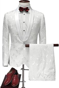 Groom Tuxedo Wedding, Tuxedo Wedding Suit, Suits For Wedding, Blazer Wedding, Jacquard Blazer, Groomsmen Outfits, White Shawl, Suit White, Man Blazer