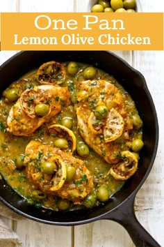 one pan lemon olive chicken in a skillet