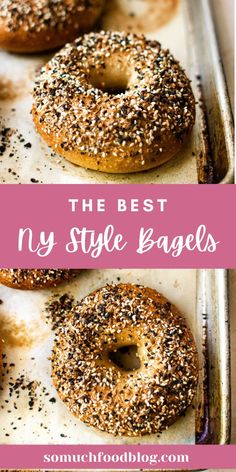 bagels with sesame seeds and poppy seed sprinkles on them in a baking pan