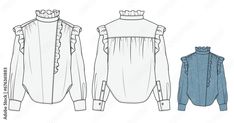 the front and back views of a women's blouse with ruffled sleeves