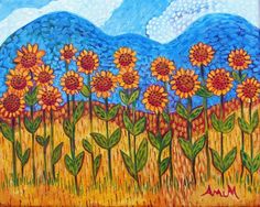 a painting of sunflowers in a field with mountains in the background and blue sky