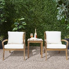 two wooden chairs sitting next to each other in front of a wall covered with greenery