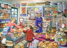 a painting of a woman and child in a grocery store with food items on the counter