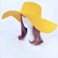 New Yellow Color I Have Other Colors Also One Size Fits Most Check Out My Store Casual Straw Hat For Sunbathing, Solid Color One Size Sun Hat For Beach, Solid Color Wide Brim Straw Hat For Beach, Trendy Beach Sun Hat, One-size Beach Sun Hat, Solid Wide Brim Straw Hat For Beach, One Size Vacation Sun Hat, Lightweight Straw Hat For Spring, Lightweight Straw Hat For Vacation