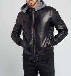 Men's Black Solid Casual Motorcycle Biker Bomber Leather Jacket with Grey Fleece Hood, Men's Black Biker Hooded Bomber Leather Jacket - from Power Knots. Material Type : 100% Genuine/Real Soft Lambskin Leather.  Collar : Mandarin Style Stand Collar Pattern : Solid Fit : Tailored Fit Closure Type : Front Zipper Closure. Hemline : Straight Hemline. Sleeves Style : Long Sleeves. Number of Pockets : Inner Pockets : 1 Outer Pockets : 2 Side Welted Pockets. Color : Green  Lining Material : Inner Linin Hooded Leather Biker Jacket For Winter, Winter Hooded Leather Biker Jacket, Hooded Leather Jacket With Fleece Lining For Winter, Winter Biker Outerwear With Double-lined Hood, Winter Biker Hooded Jacket With Long Sleeves, Winter Biker Hooded Jacket, Winter Leather Hooded Jacket With Double-lined Hood, Hooded Leather Jacket For Winter Outdoor, Winter Hooded Leather Jacket With Double-lined Hood