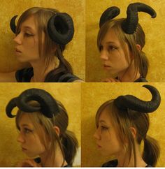 four pictures of a woman with horns on her head