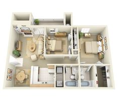 the floor plan of a two bedroom apartment with an attached kitchen and living room area