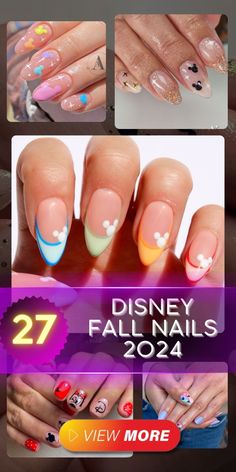 Get ready for a magical season with Disney fall nails 2024 that bring a touch of cute and subtle charm to your manicure. Whether you're into simple designs or more intricate art, these short and acrylic styles offer something for everyone. Try almond or square shapes with gel or gel almond finishes for a look that's both classy and aesthetic. Add a hint of pink or chrome for a subtle pop of color that’s perfect for the season. Disney October Nails, Disney Nail Colors, Disney Fall Nails Design, Fall Mickey Nails, Chrome Disney Nails, Simple Disney Nails Short, Fall Disney Nails, Subtle Disney Nails, Diy Disney Nails