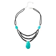 Jay King Alicia Turquoise and Black Spinel Sterling Silver Necklace Colorful Mexican turquoise pairs beautifully with layers of black spinel beads for a chic necklace design that's sure to bring a touch of artistic elegance to any outfit. From Jay King.       Necklace approx. 18"L x 1-1/8" with 2-3/4" extender     Drop approx. 1-9/16"L x 7/8"W     Stamped .925     Hook closure     Necklace has three-strand drape of round, faceted black spinel beads with bezel-set, oval Alicia turquoise drop in c Elegant Turquoise Jewelry With Black Beads, King Necklace, Turquoise And Black, Necklace Colorful, Chic Necklace, Color Bands, Handmade Fashion Jewelry, Necklace Design, Beading Wire