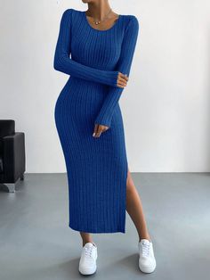 Royal Blue Casual,Elegant Collar Long Sleeve Fabric Plain  Embellished High Stretch  Women Clothing Chique Outfit, Elegant Party Dresses, Winter Party Dress, Ropa Diy, Comfortable Dress, Hem Dress, Party Dresses For Women, Waist Dress, Glamorous Evening Gowns