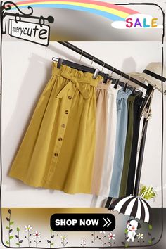 Summer Autumn Skirts Womens Midi Knee Length Korean Elegant Button High Waist Skirt Female Pleated School Skirt Spring Non-stretch Buttoned Skirt, Non-stretch Buttoned Skirt For Spring, Spring Non-stretch Skirt With Buttons, Casual Non-stretch Skirt With Button Closure, High Waist Non-stretch Button Skirt, Knee-length Summer Bottoms With Buttons, Summer Button-up Cotton Skirt, Button-up Cotton Skirt For Summer, Knee-length Summer Skirt With Button Closure