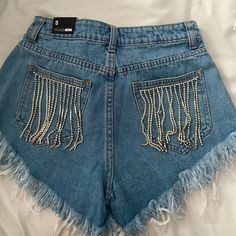 Brand New Size Small Fashion Nova No Longer On Site Rhinestone Denim Shorts, Rhinestone Denim, Fashion Nova Shorts, Jacket Denim, High Boots, Knee High, Blue Jeans, Fashion Nova, Blue Black