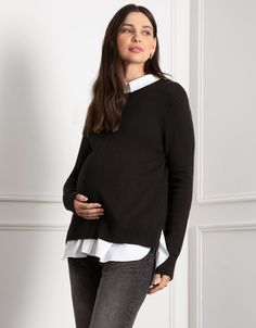 Long sleeve, suzanna underlayer, stepped hem, knitwear, knitted, knit, shirt, woven, collar, nursing knitwear, nursing jumper, nursing top, nursing, maternity, maternity knitwear, jersey nursing, side nursing, side slits, elasticated shirt, button through Postpartum Dresses, Tailored Wedding Dress, Nursing Sweater, Nursing Maternity, Nursing Top, Layered Sweater, Bra Dress, Black Jumper, Baby Shower Dresses