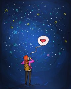 a woman is looking up at the stars in the sky with a heart shaped balloon