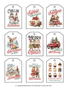 six christmas tags with santa and reindeers on them, all in different styles to choose from