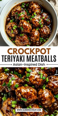 crockpot teriyaki meatballs in a white bowl with green onions on the side