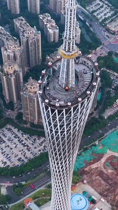 an aerial view of the top of a tall building