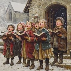 a painting of children singing in the snow