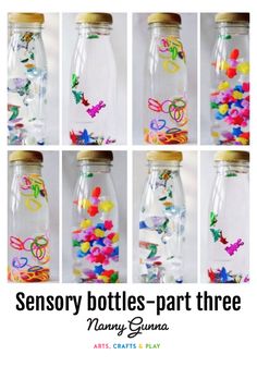 a series of images showing how to decorate glass jars with confetti and buttons