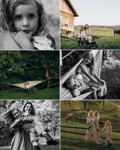 black and white photos of people in different places with horses, children on hammock