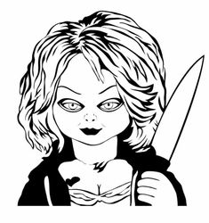 a black and white drawing of a girl holding a knife