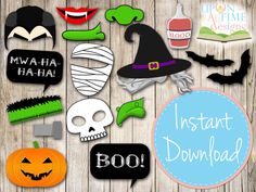 halloween photo booth props with the words instant download on them and pumpkins, witches,