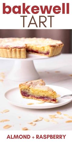 a close up of a pie on a plate with the words bakewell tart