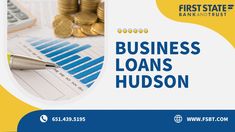 a business loan flyer with coins and calculator on the table next to it