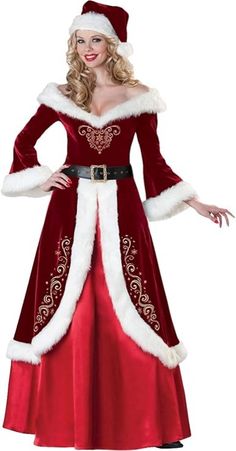 About this item
[Material]:High quality super soft velvet and white plush,Creative Santa Claus costumes design,Velvet+Plush,stylish and novelty women ladies christmas dress costumes,comfortable to wear
[Men's Santa Claus Costumes]:9 Pieces:Top + pants + hat + gloves + shawl + belt + shoe cover + hair + beard,Red+White,novelty plush soft hem and brim with the top clothes designed in a cloak style.
[Women's Santa Christmas Dress]:4 Pieces: Creative off shoulder and long bell sleeves design with white plush brim,Dark and Bright red color combined,the golden emboridery pattern and delicate Christmas Hat,show elegant and noble. Mrs Claus Outfit, Santa Claus Suit, Santa Dress, Santa Costume, Long Red Dress, Christmas Costumes, Dress Hats