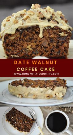 a slice of date walnut coffee cake on a plate