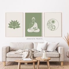 a living room with two green and white prints on the wall