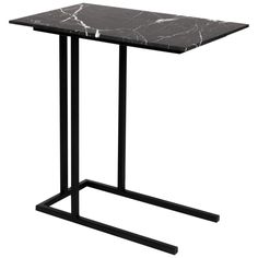 a black and white marble table with metal legs