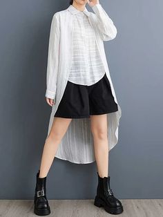 False Two High-Low Buttoned Split-Joint Striped Lapel Blouses&Shirts Tops