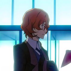 an anime character with red hair standing in front of a window and looking at something