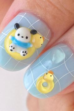 Kawaii Duck Nails, Swimming Pool Nails, Jelly Nails Designs, Dog And Duck, Duck Nail, Pool Nails, Glossy Nails, Blue And White Nails, Nice Clothing