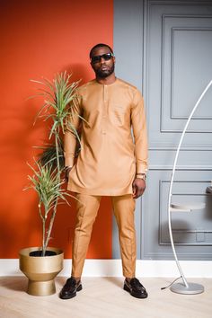 Tan Kaftan Ayo Set – TRADITIONAL TRIMS CLOTHING Traditional African Attire, Kaftan Set, African Elegance, Flowing Gown, Knee Pants, Exude Confidence, African Attire, Casual Everyday, Tan Color