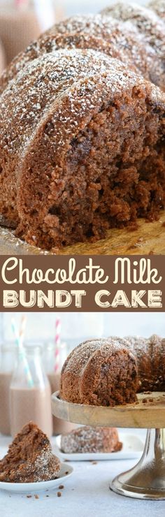 chocolate milk bundt cake with powdered sugar on top and in the foreground