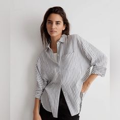 Never Worn, New With Tag Long Sleeve Button-Down Striped Shirt From Madewell. Dolman Sleeves, Grey & White Stripes. Size Xs. Very Light Weave, Great Year-Round Shirt! Grey Striped Shirt, Madewell Top, Price Drop, Dolman Sleeve, Grey Stripes, Striped Shirt, Gray White, Grey And White, Madewell