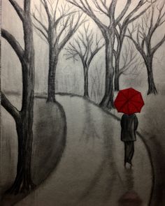 a drawing of a person walking in the rain with an umbrella over their head and trees behind them