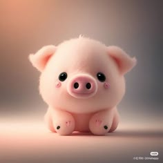 a small pink pig sitting on top of a white floor next to a gray wall