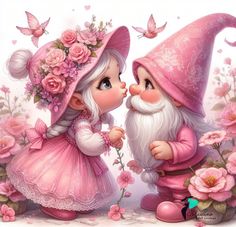 two cute little gnomes kissing each other in front of pink flowers and butterfly's