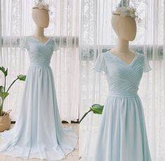 DESCRIPTION: dusty blue modest v neck bridesmaid dresses with flutter sleeve Shop for dusty blue modest v neck bridesmaid dresses with flutter sleeve, it is also can be sweetheart or v neck design. Notice: The picture color No is dusty blue NO 65. It can be free custom made into other colors also.  For more beautiful dresses, pls check it via https://www.etsy.com/shop/FashionStreets?ref=hdr_shop_menu VERY IMPORTANT: 1. Please kindly offer me your phone No for shipping in the note when placing th Bridesmaid Dresses Blue, V Neck Design, Classy Clothes, Dream Wedding Ideas Dresses, Blue Bridesmaid Dresses, Dresses Blue, Make Color, Doll Patterns, Dusty Blue