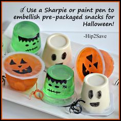 halloween treats are arranged on a tray with the words, if use a sharpie or paint pen to embellish pre - packaged snacks for halloween