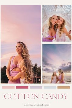 two beautiful young women standing next to each other in front of the ocean and clouds